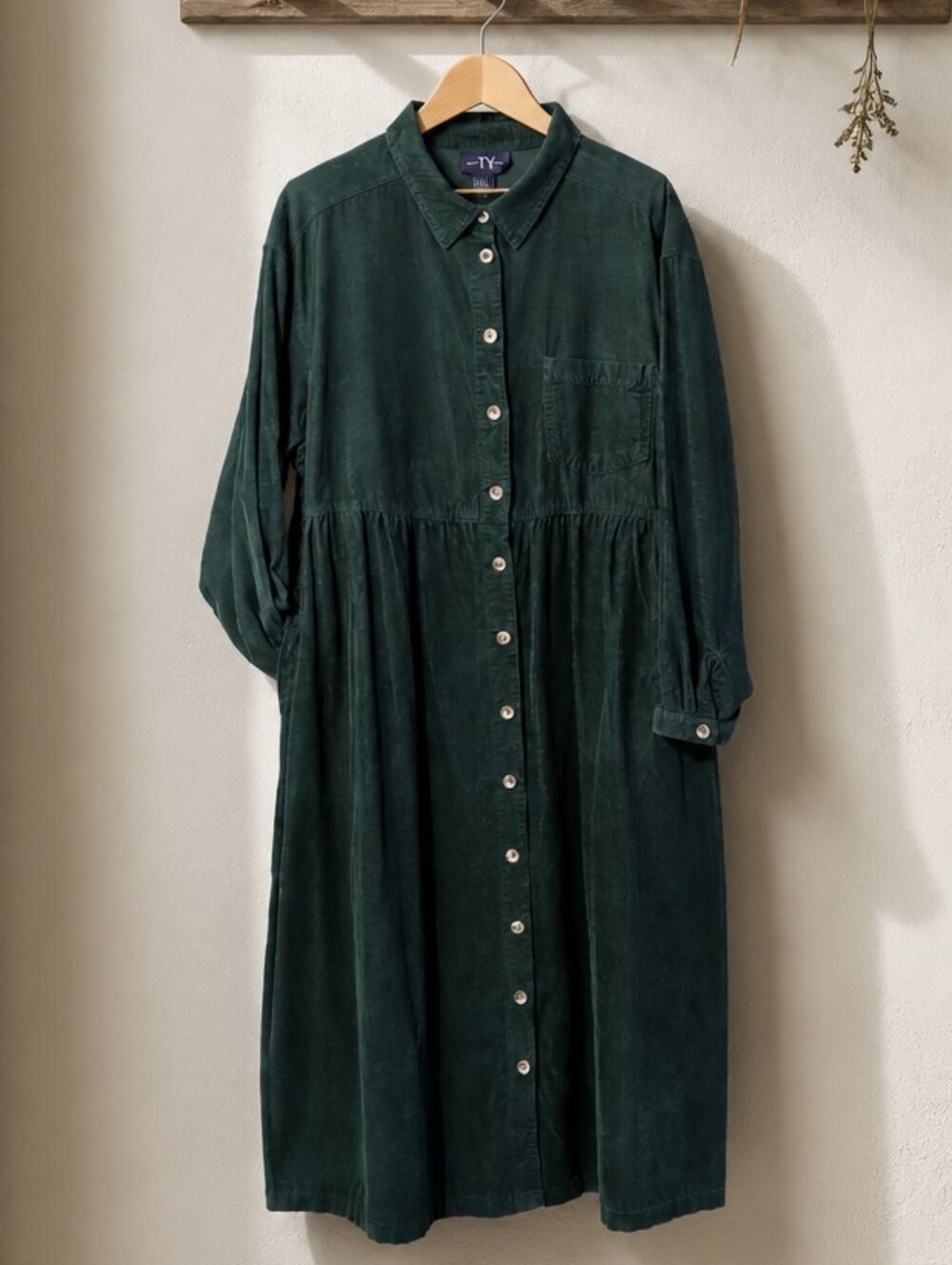 Vintage 90's Original TY Wear Green Corduroy Long Sleeve Modest Dress Pockets